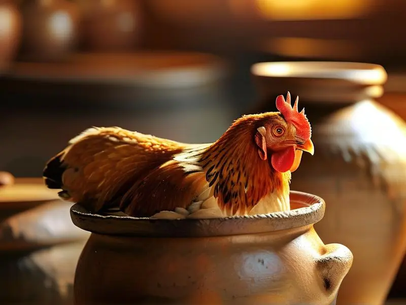 毛鸡酒制作过程实拍：中药材与毛鸡在陶罐中浸泡的特写镜头