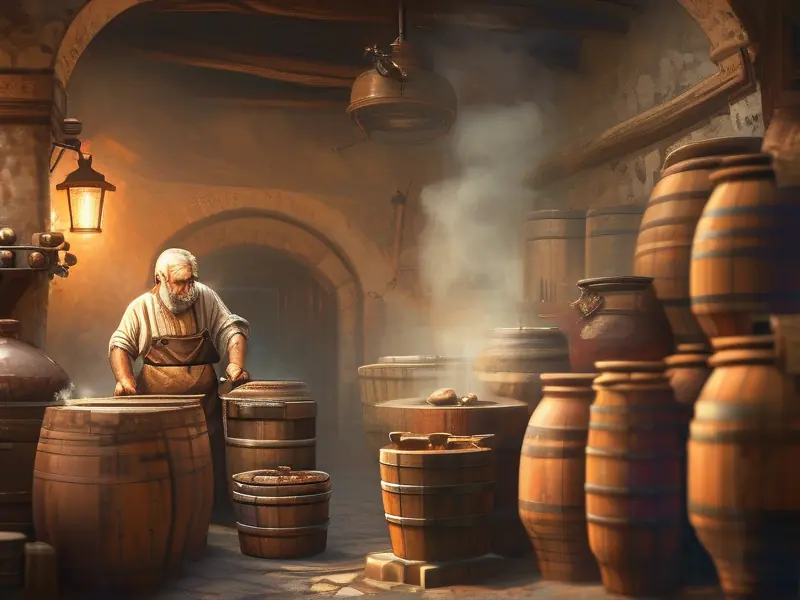 老酿酒师操作传统酿酒工具