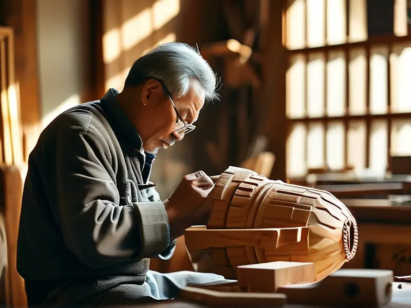 老匠人手工制作木酒海的场景