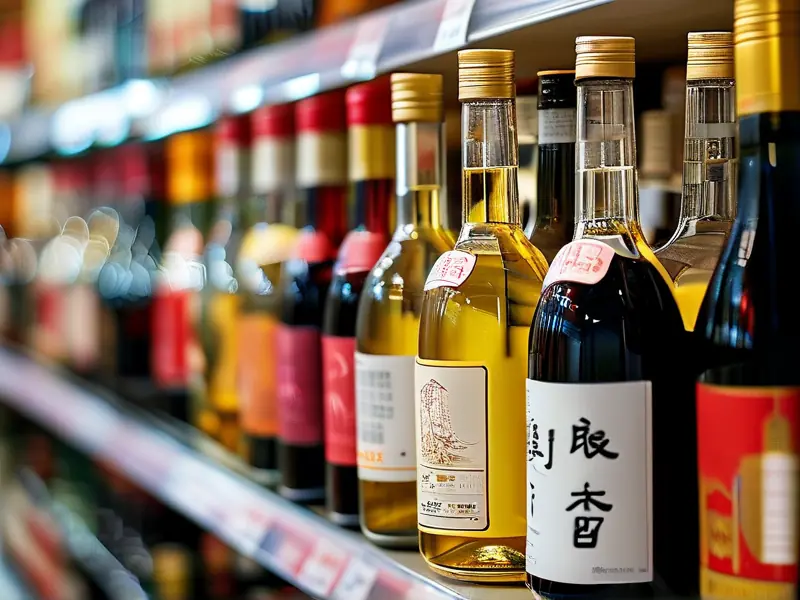 超市货架上的低价纯粮酿造酒特写