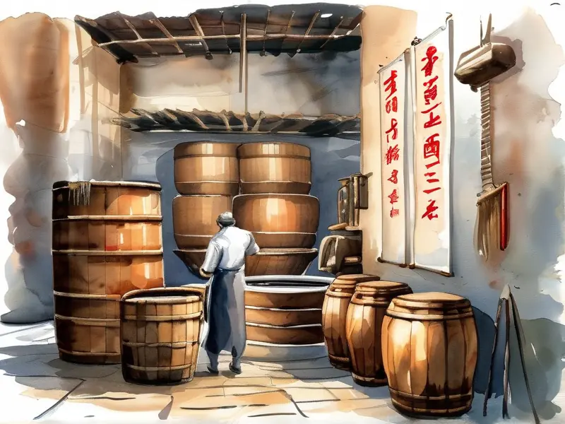 传统酿酒师傅操作场景与酿酒器具特写