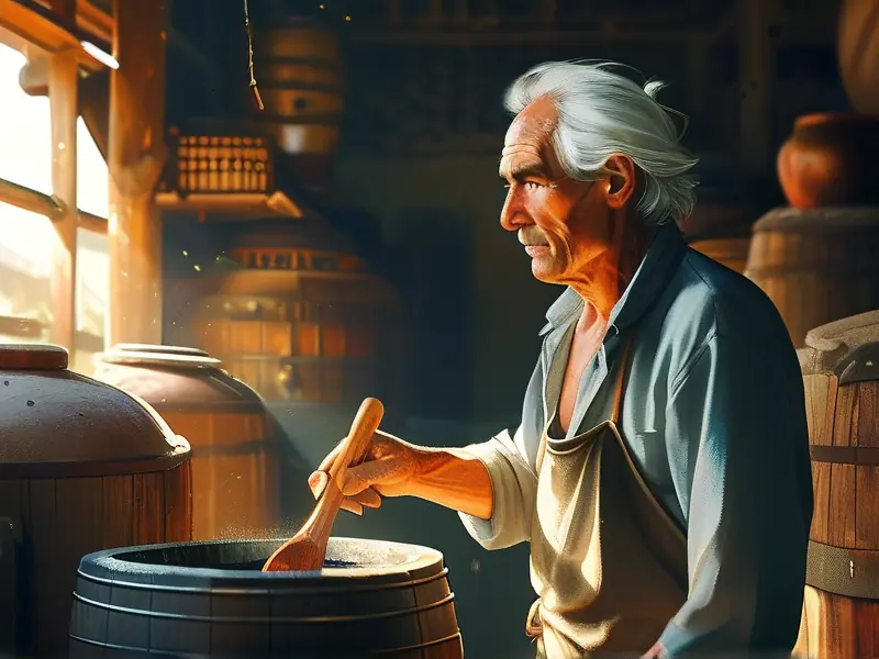 酿酒的老头在酿酒坊中专注工作