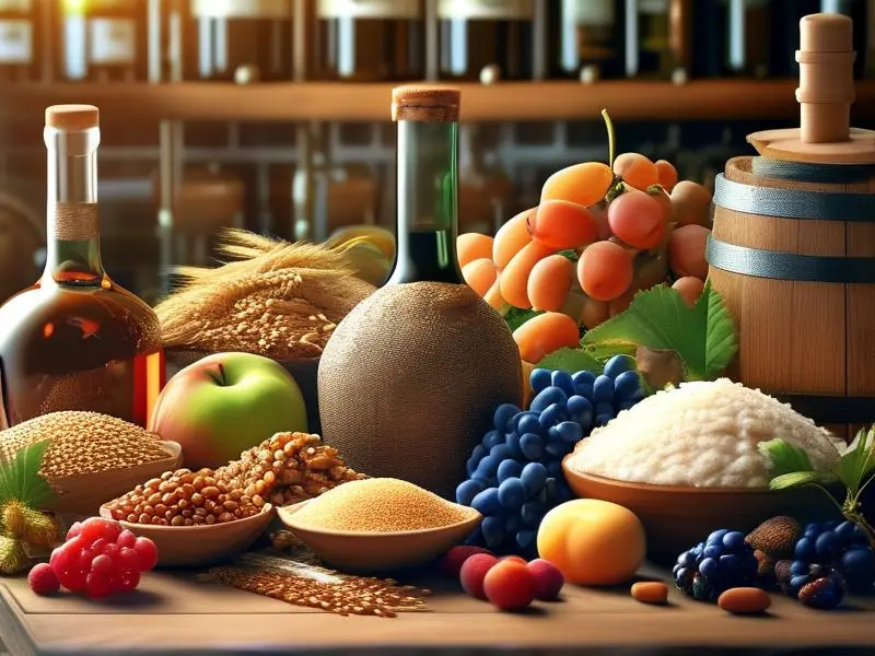 多种酿酒原料展示，包括谷物、水果和酵母