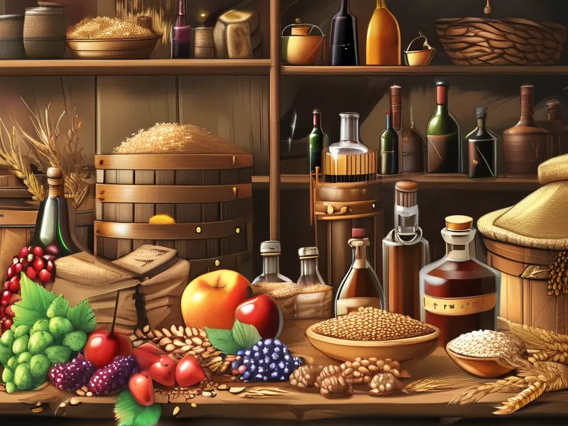 酿酒原料展示:谷物、水果、酵母等