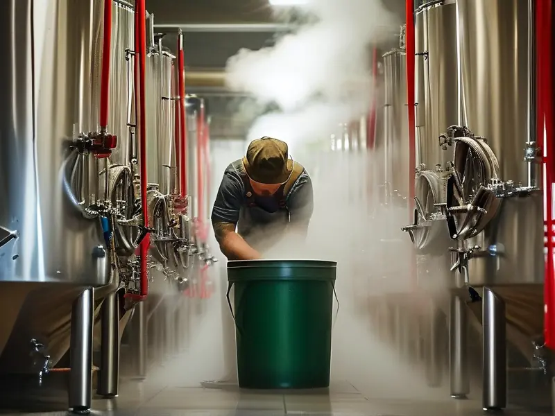 专业酿酒师使用高温蒸汽对发酵桶进行消毒