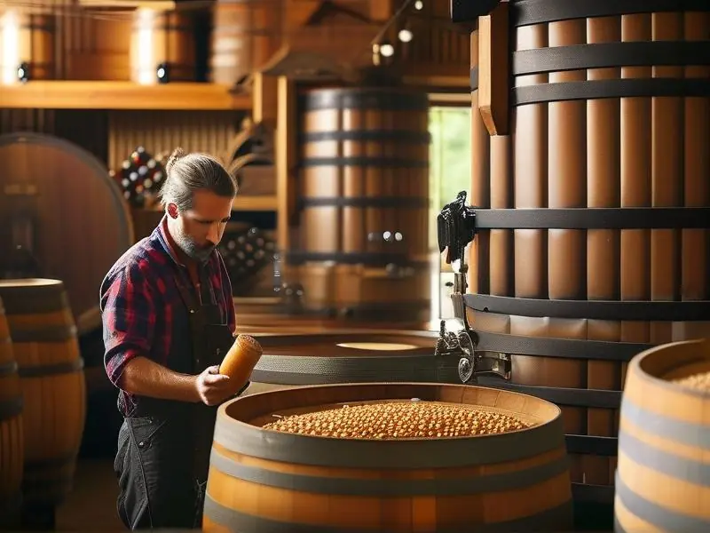 专业酿酒师检查豌豆酒醅发酵过程