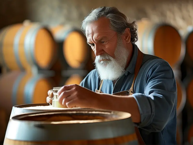 酿酒师傅检查酿酒缸缸好发酵过程