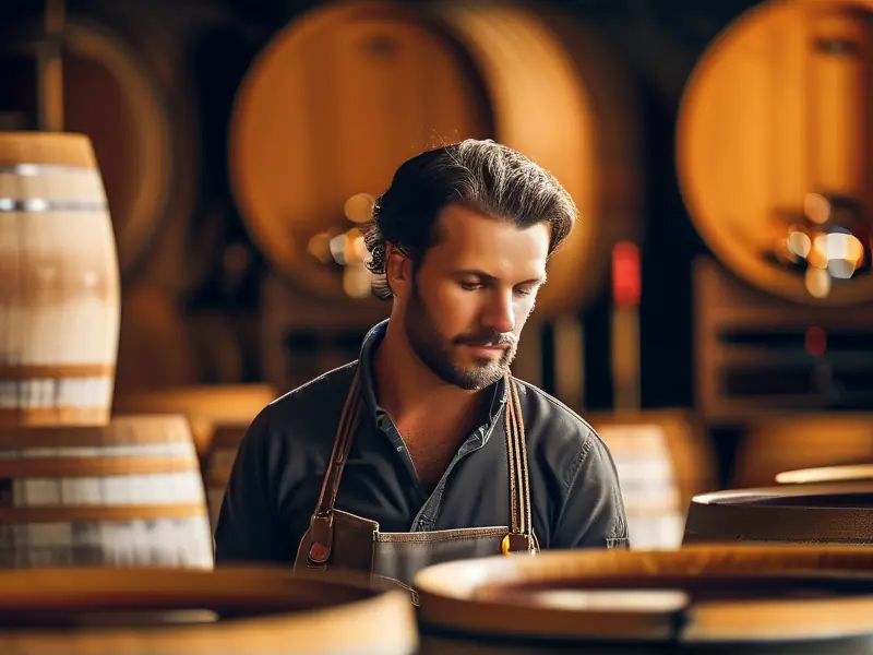 专业酿酒师在酒窖中检查酿酒过程