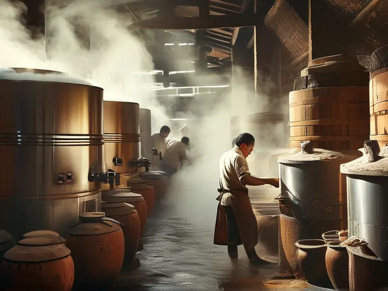 四川传统酿酒作坊操作不锈钢酿酒设备实景