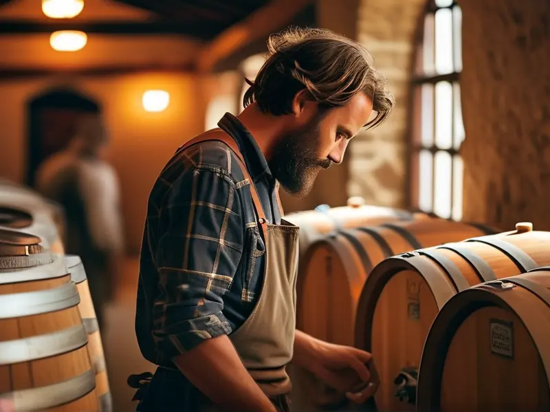 酿酒师检查发酵桶中的酒液