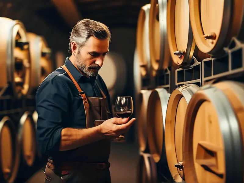 专业酿酒师在酒窖工作场景