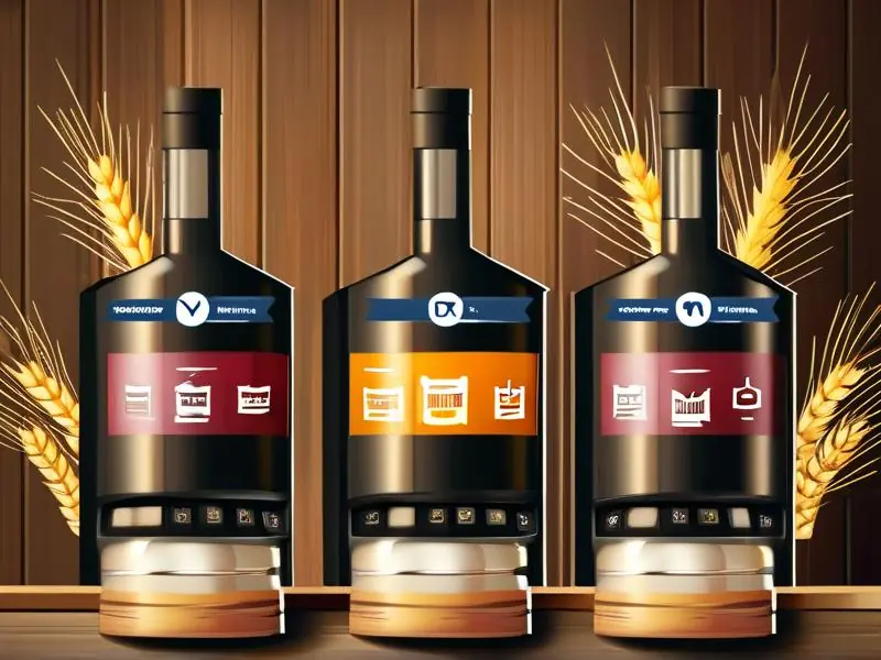 酿酒四个步骤示意图：原料处理、发酵、蒸馏和陈酿