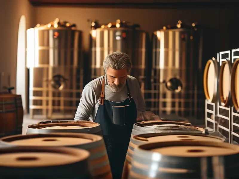 酿酒师检查发酵桶中的酒液