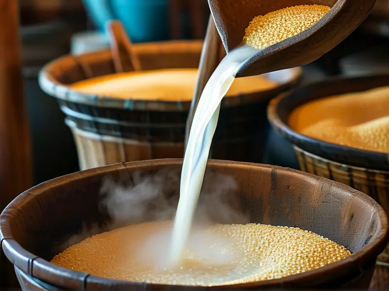 高粱倒入发酵缸的酿酒过程特写