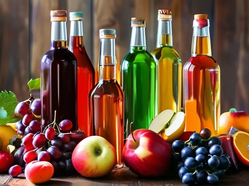 自制果酒展示：玻璃瓶装多彩果酒与新鲜水果