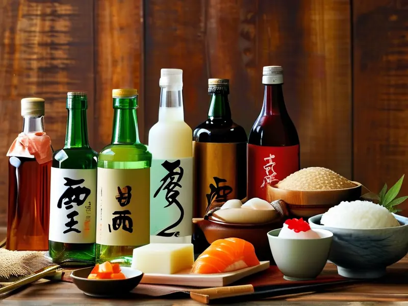 多种酿造酒展示，包括黄酒、米酒和葡萄酒