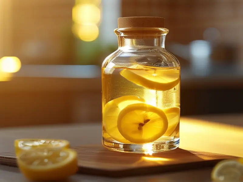 柠檬切片与白酒在玻璃罐中浸泡的特写照片