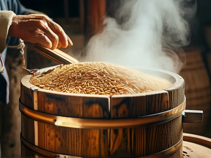 农村传统木质酿酒设备实际操作场景