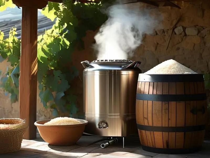 农村家庭传统与现代酿酒设备对比实景图