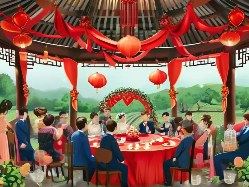 农村结婚摆酒现场热闹场景