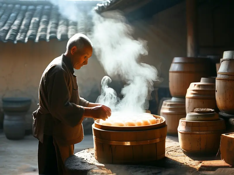 农村传统方法蒸馏白酒实景图