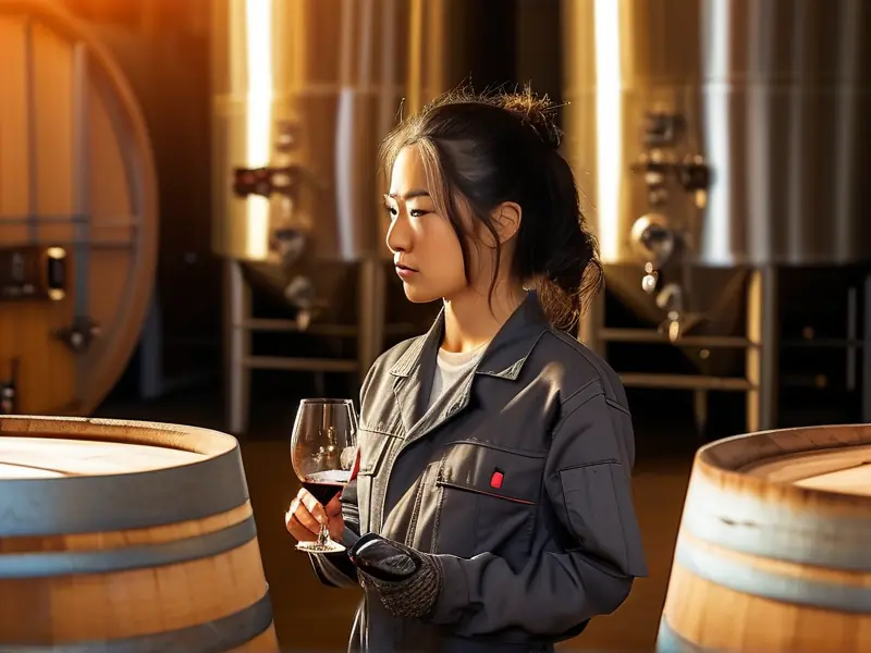 专业女酿酒师在酒窖进行品质检测工作场景