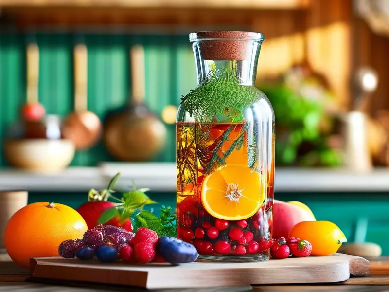 泡酒制作过程展示:水果和草药浸泡在透明酒液中