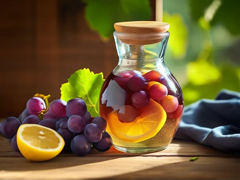 新鲜葡萄泡制在玻璃罐中的特写照片