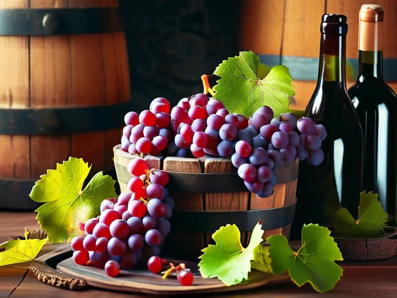 葡萄在木桶中发酵的酿酒过程