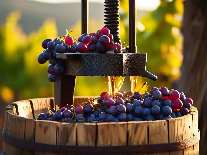 传统葡萄酒压榨过程，新鲜葡萄被压碎流出汁液