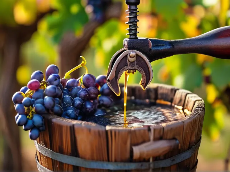 葡萄压榨成汁流入木桶的葡萄酒酿制过程