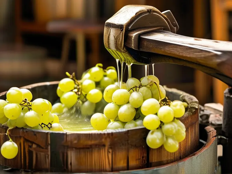 传统木制压榨机压榨新鲜葡萄酿制葡萄酒的过程