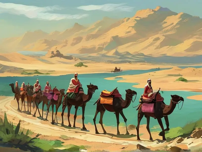 古代丝绸之路上的葡萄酒商队运输场景