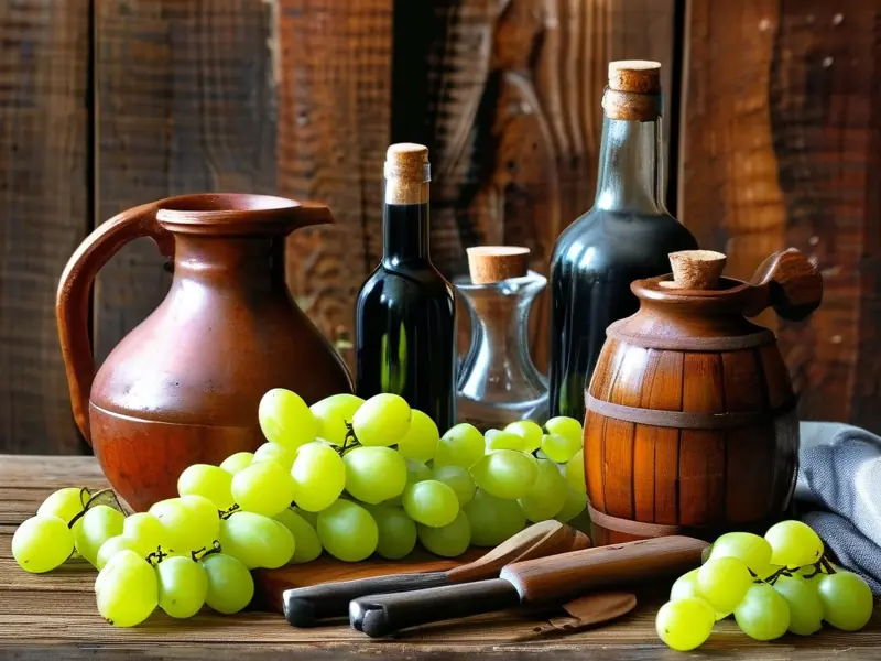 家庭葡萄酒酿制初期准备工具和新鲜葡萄展示