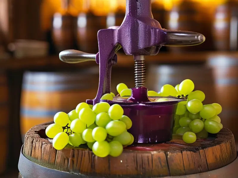 传统木制压榨机压榨新鲜葡萄酿制葡萄酒的过程