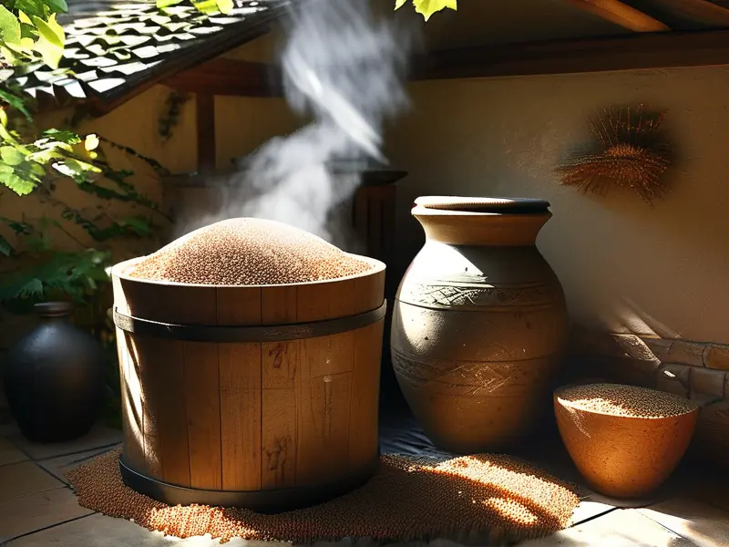 传统方法酿造荞麦酒的实景照片
