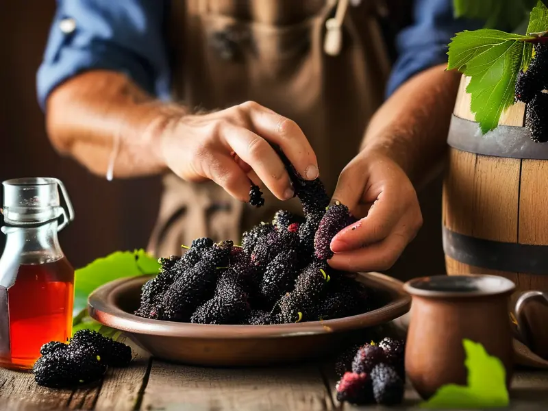 酿酒师清洗桑葚准备制作桑葚酒
