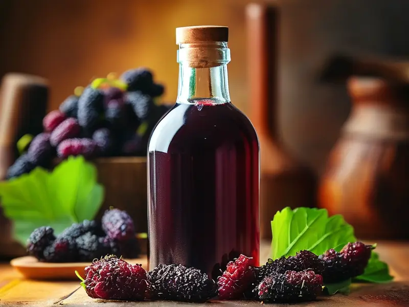 新鲜桑葚与酿制中的桑葚酒