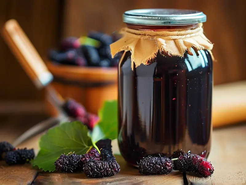 新鲜桑葚与发酵中的桑葚酒