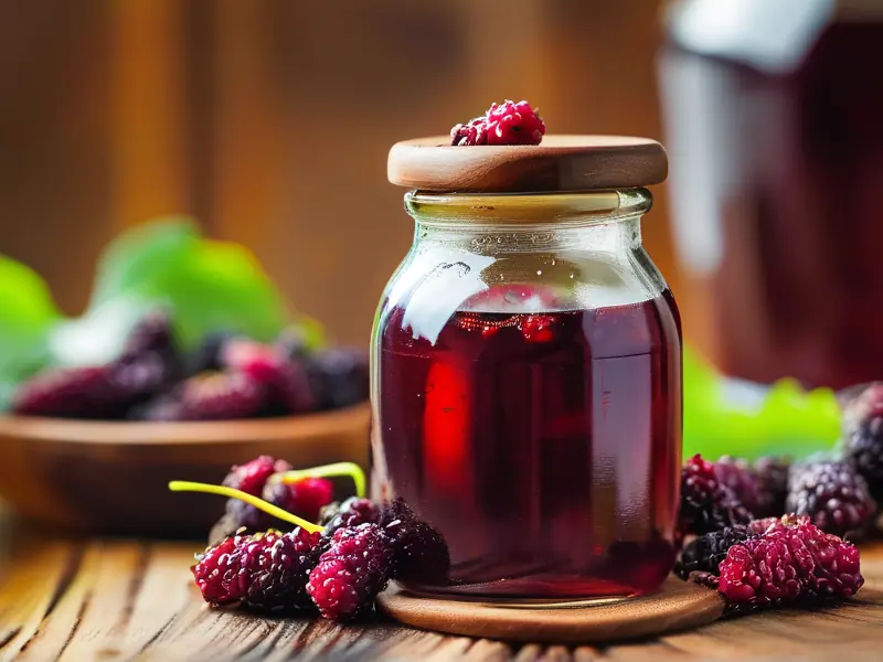 新鲜桑葚与自制桑葚酒成品展示