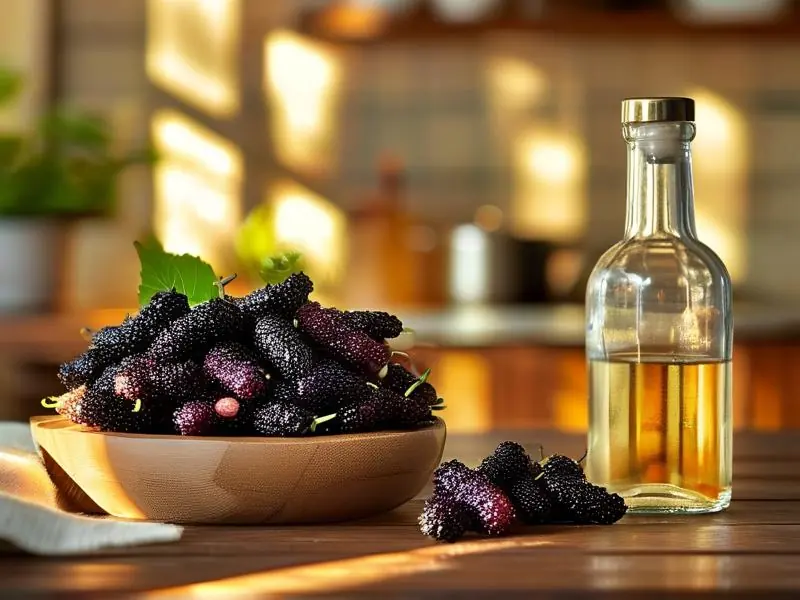 新鲜桑葚和酿酒材料准备