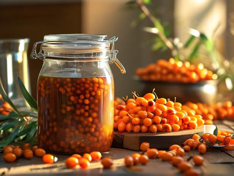 新鲜沙棘果实与酿酒工具准备制作沙棘酒