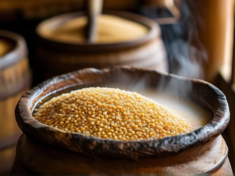 生粮食酿酒发酵初期：粮食浸泡在传统陶制发酵容器中