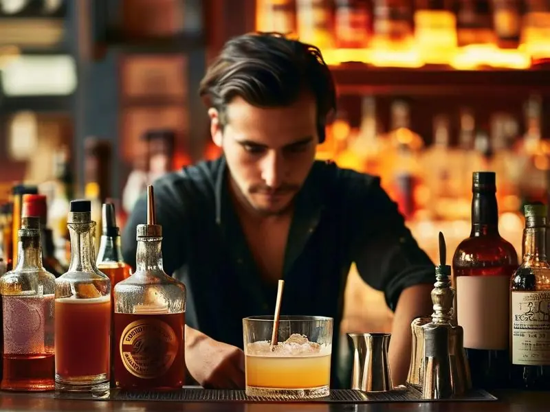 专业调酒师在吧台调制鸡尾酒