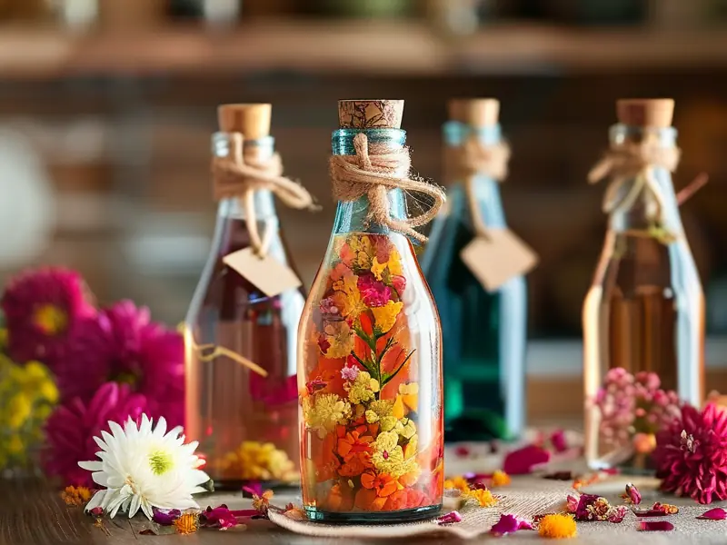 多种花卉酿造的花酒成品展示