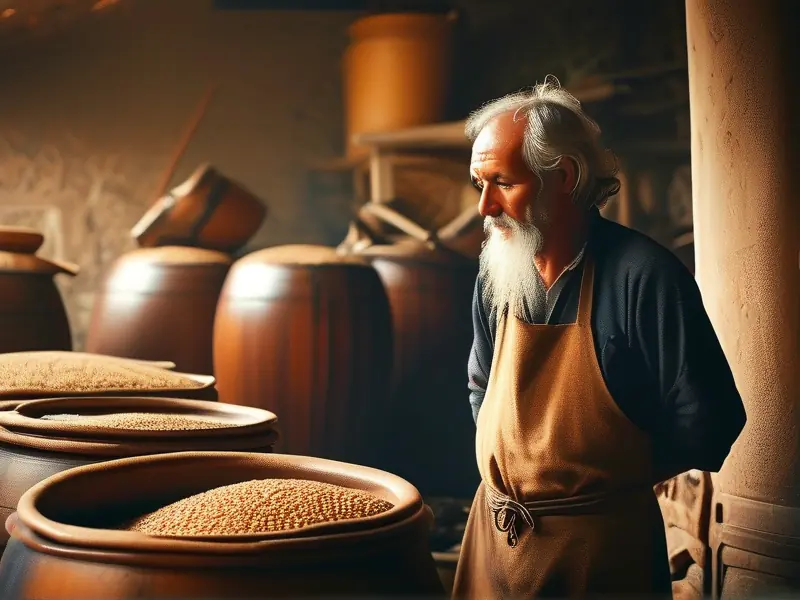 传统酿酒师傅检查发酵粮食