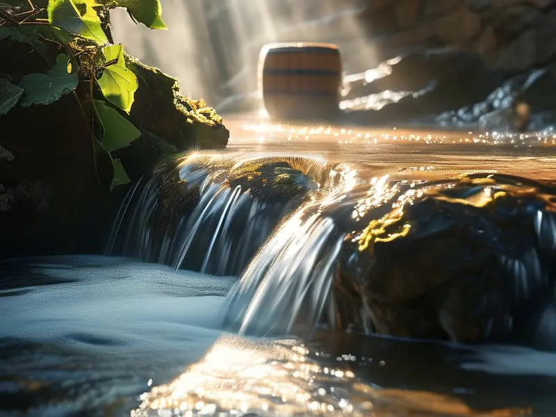 酿酒师在山涧取山泉水的实景照片