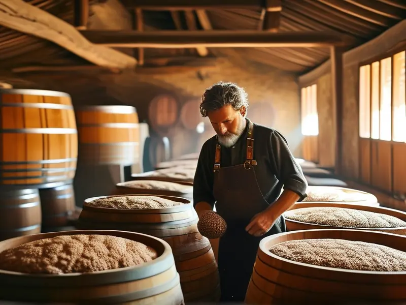 酿酒师检查纯粮酒发酵过程
