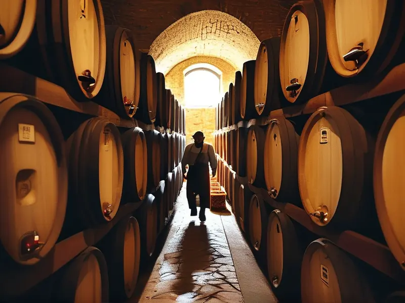 酿酒师在传统酒窖中检查手工秘酿窖藏酒