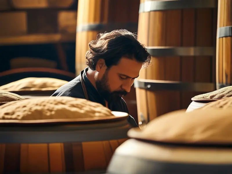 酿酒师检查熟料半固态发酵酒醅